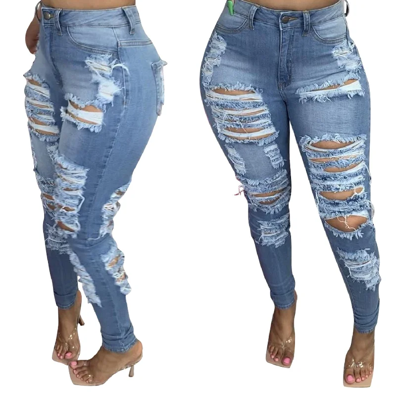 2022 Women hole ripped Jeans High Waist Trendy Fringed Denim Pencil Pants