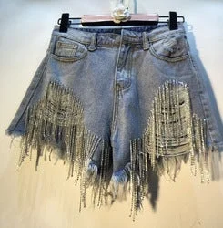 2023 New Summer Sexy Diamond Crystal Rhinestone 3XL High Waist Tassel Ripped Jean Shorts Women Denim Shorts For Women