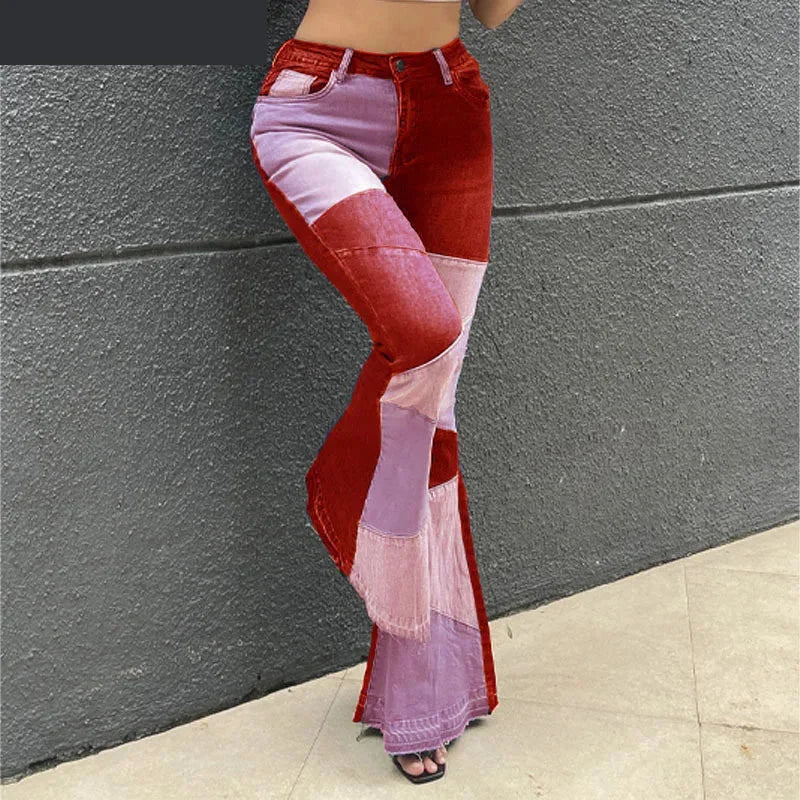 Contrast Color Patchwork High Waist Skinny Flared Pants for Women