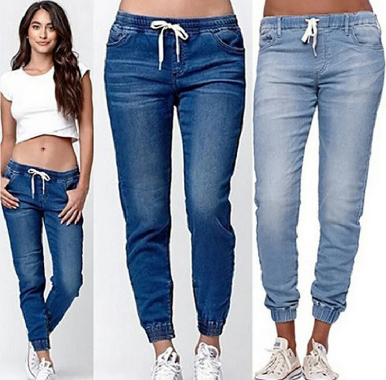 Hot Sell Fall Denim Joggers Pants Drawstring Mid Elastic Waist Washing Old Pencil Pants Women Narrow Bottom Jeans