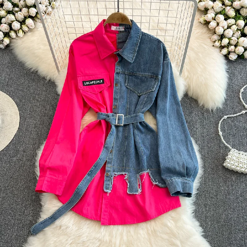 In Stock 2023 Hot Sale Splicing Lapel Dress New Design Patchwork Jacket Women Long Jeans Denim Top Shirt Ladies' Blouses Shirt