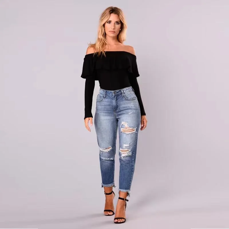 J&H 2023 fall fashion distressed jeans women casual hollow out fringe denim pants chic casual slim fit trousers