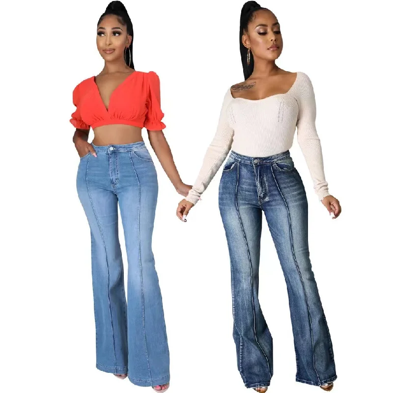 J&H 2023 new arrivals chic jeans mujer elegance plus size bell bottom jeans slim fit high waist denim pants