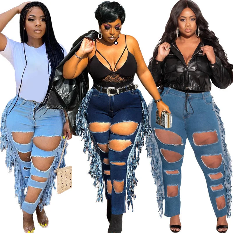 Plus Size Clothing Pierced Tassels Trend Large Breathable Jeans 2022 Womens Jeans Pants