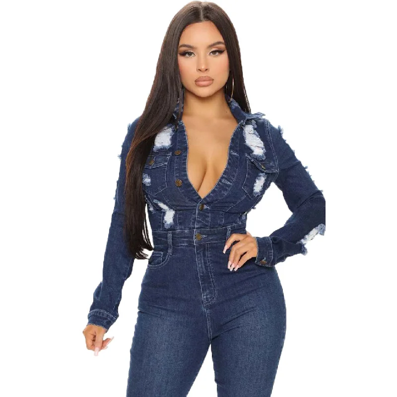 Trendy Women Clothes Fashion Casual Turndown Neck Long Sleeve Denim Ripped Jumpsuit