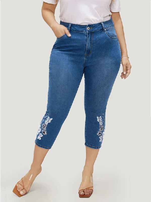 Very Stretchy High Rise Medium Wash Embroidered Cropped Jeans