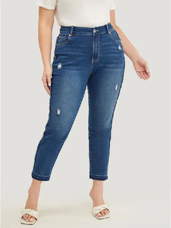 Very Stretchy High Rise Medium Wash Raw Trim Jeans