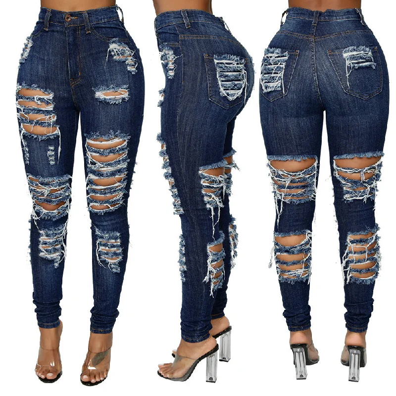 Wholesale Dark Blue Ladies Jean Women Destroyed Skinny Denim Jeans High Waist Women Pants