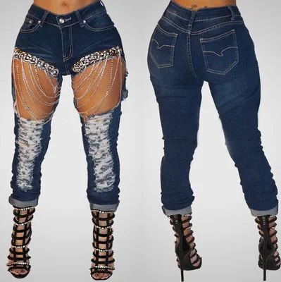 Women ripped chain jeans skinny jeans