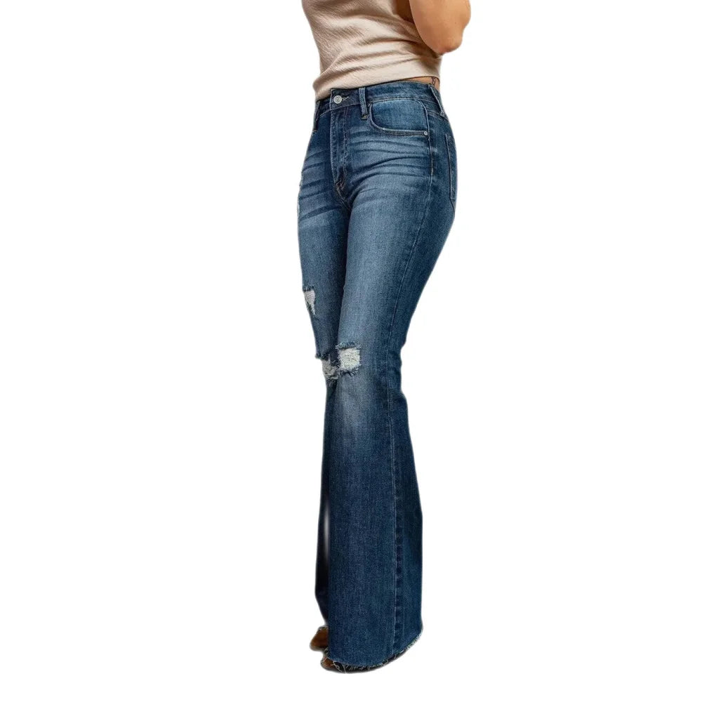 Women's Skinny Fit High Waist Ripped Casual Flare Style Jean Pants