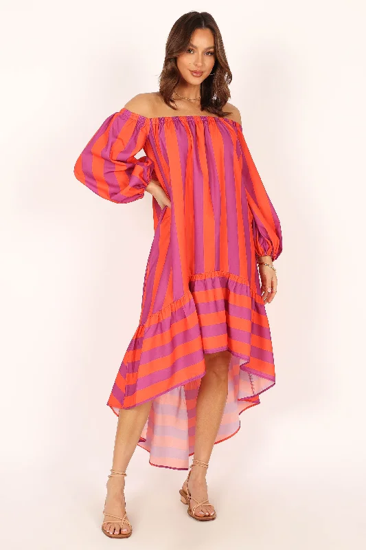 Alysa Off Shoulder Midi Dress - Coral Stripe