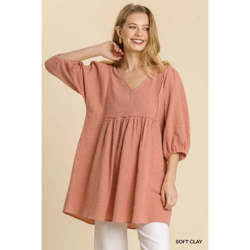 Casual Gauze Sluby V-Neck Tunic Dress with Frayed Edge Details – Effortless Boho Chic