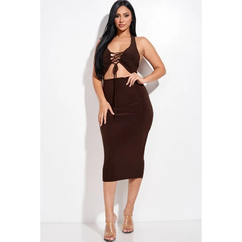 Chocolate Solid Halter Neck Midi Dress With Criss Cross Front And Cutout