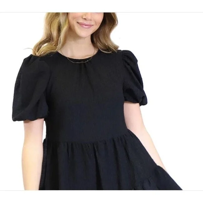 Kit & Sky Women's Puff Sleeve Ruffle Hem Babydoll Dress Black Size Small