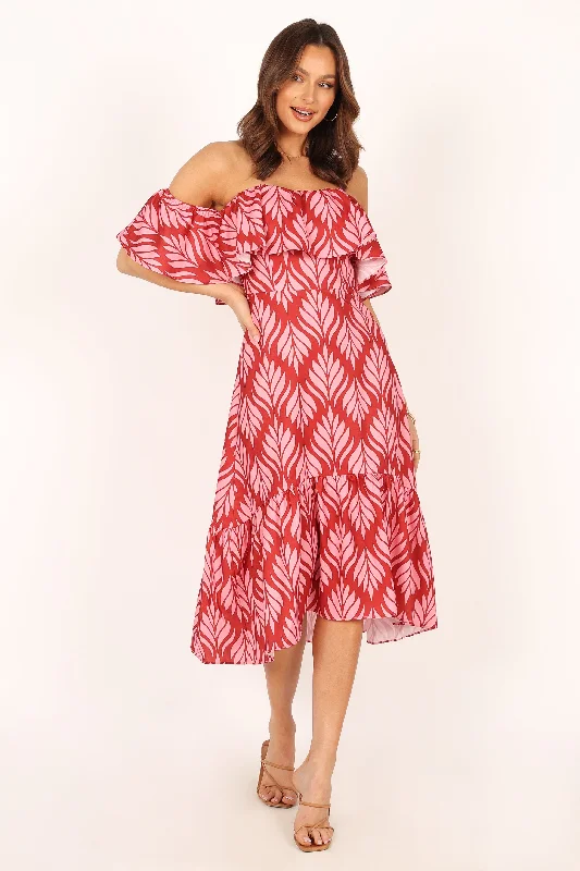 Neoma Strapless Midi Dress - Red Palm Print