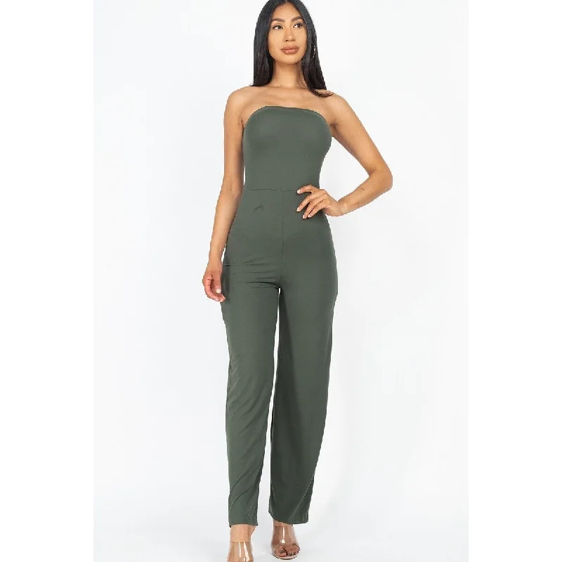 Olive Solid Strapless Jumpsuit with Wide Leg Pants