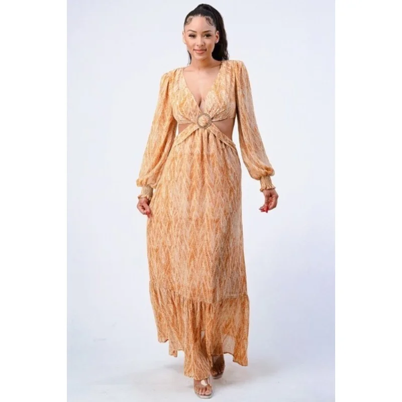 Ruffled Maxi Dress with V-Neck and Self-Belted Side Cut Out