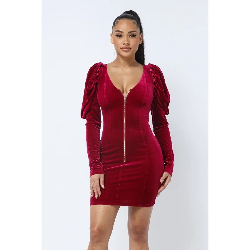 Soft Velvet Pleated Puff Sleeve Low V Neck Front And Back Mini Dress