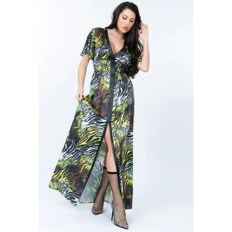 Stylish Deep V Neck Slit Zebra Print Long Dress – Perfect for Night Outs & Special Events