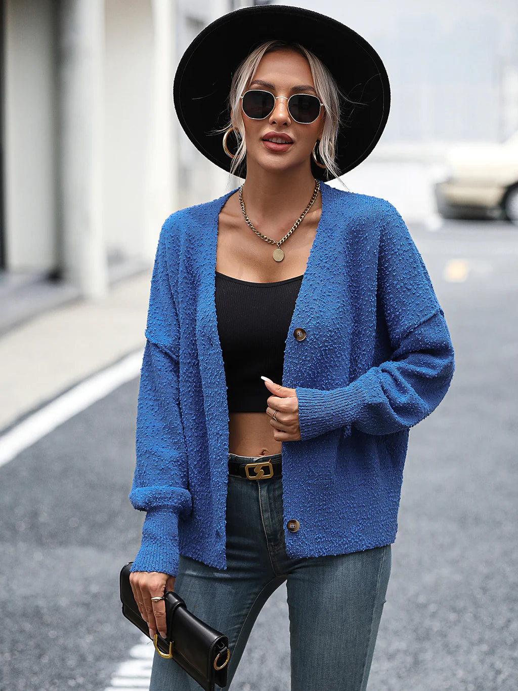 FASHION V-NECK BUTTON SOLID COLOR CARDIGAN SWEATER COAT