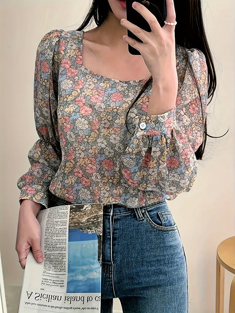 Long Sleeve Floral Print Square Neck Blouse