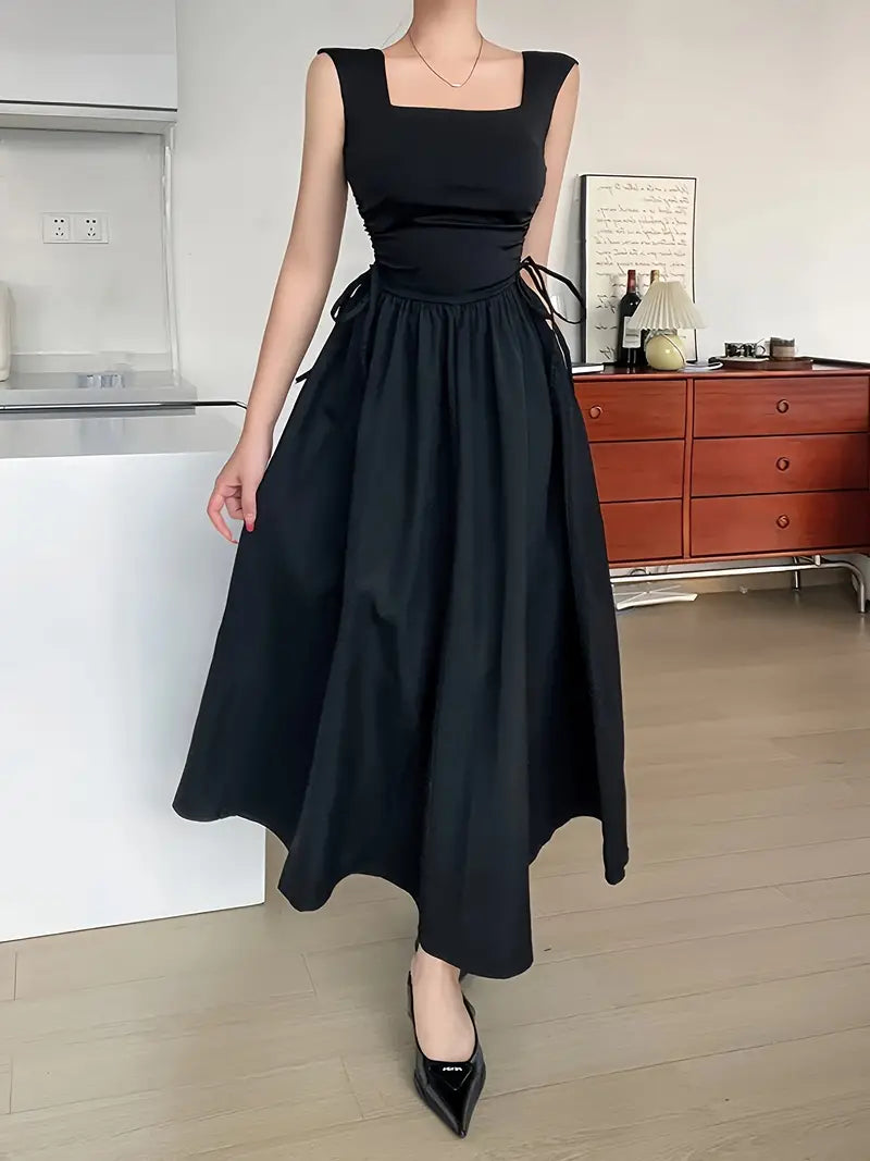 Squared Neck Drawstring Black Maxi Dress