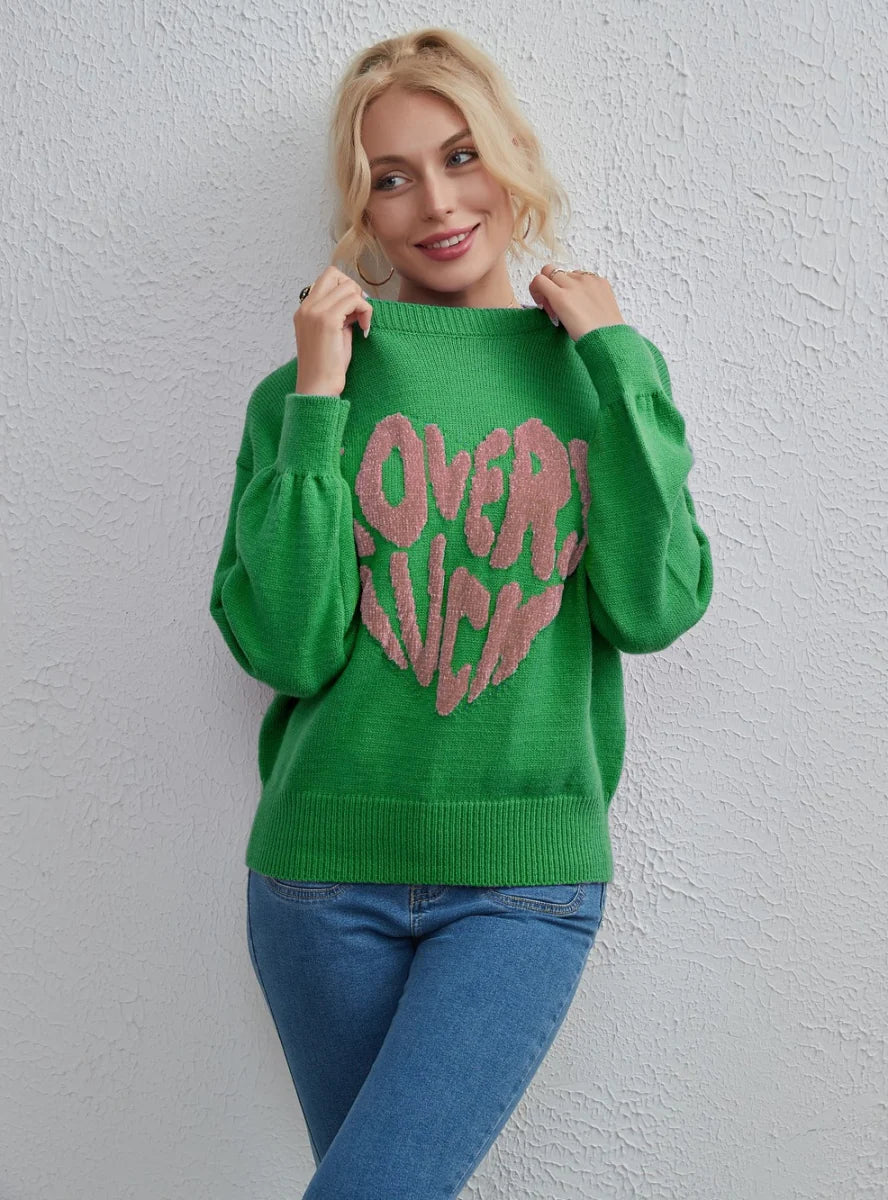 STYLISH LEISURE LOVE CONTRAST LOOSE SWEATER