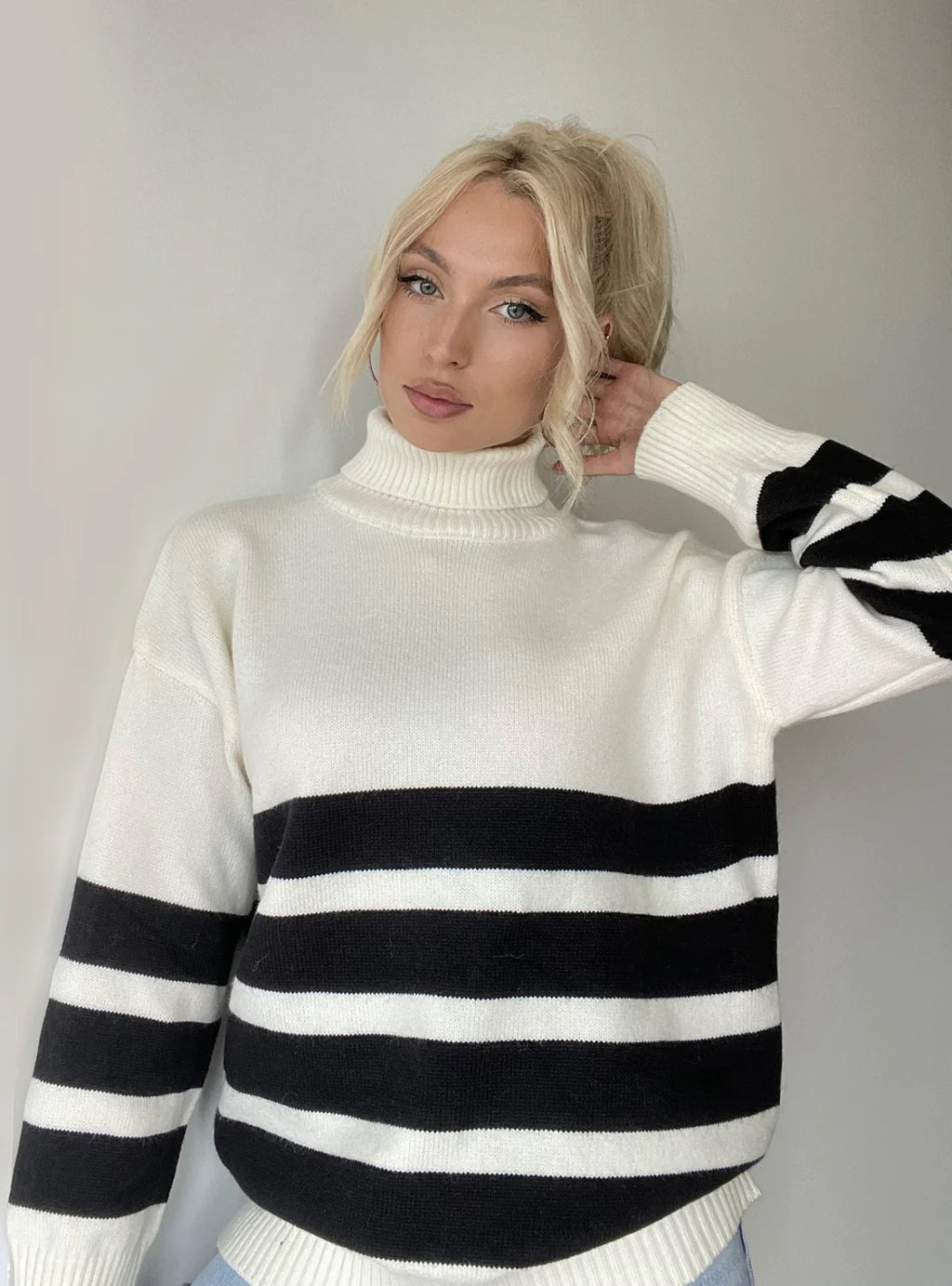 STYLISH STRIPED HIGH NECK CASUAL SWEATER