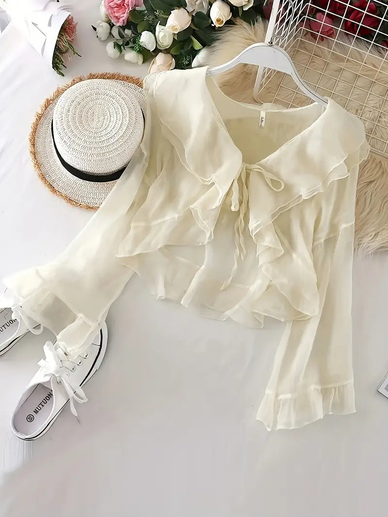 Tie Front Long Flared Sleeve Ruffle Layered Blouse