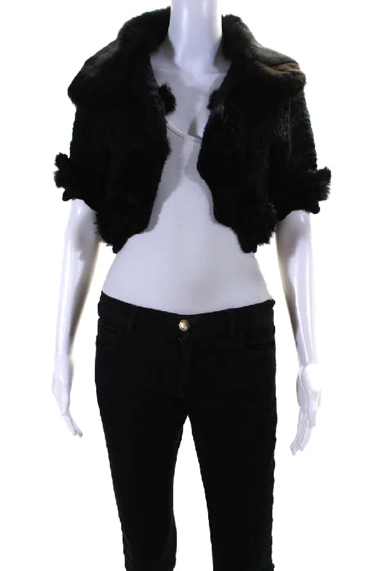 Christian Dior Womens Open Knit Rabbit Fur Trim Short Jacket Black Wool