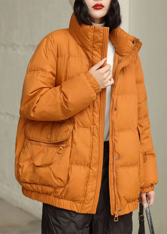 DIY Orange Stand Collar Zip Up Pockets Duck Down Jacket In Winter