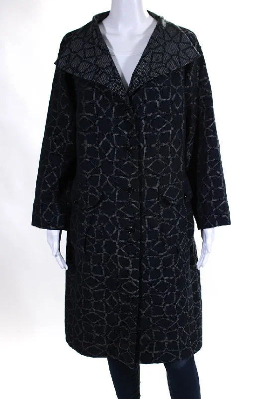 Fuga Fuga Womens Button Front Collared Long Coat Navy Blue Gray