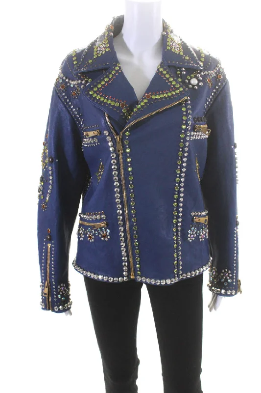 Gucci Womens Leather Crystal Embellished Zip Up Coat Jacket Navy