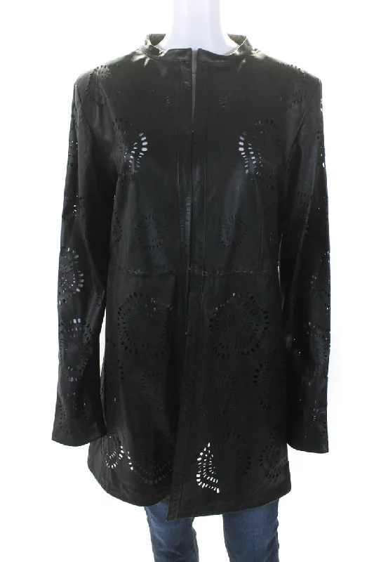 In Transit Womens Laser Cut Long Hook & Eye Leather Jacket Black