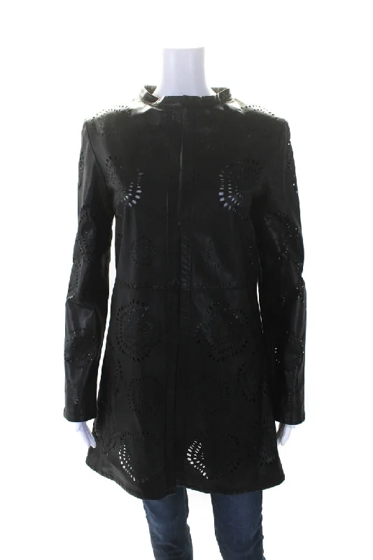 In Transit Womens Laser Cut Long Hook & Eye Leather Jacket Black