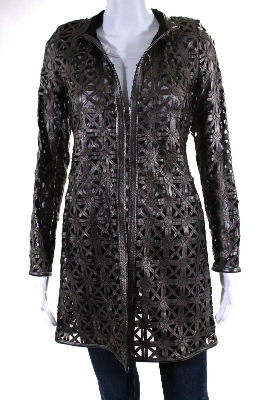 In Transit Womens Laser Cut Metallic Mesh Leather Jacket Brown Black