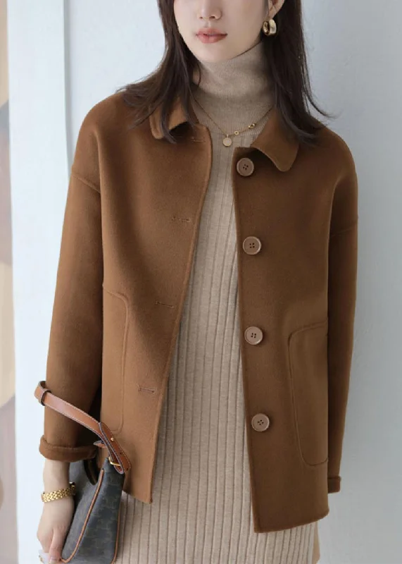 Modern Coffee Peter Pan Collar Patchwork Button Down Woolen Coat Fall