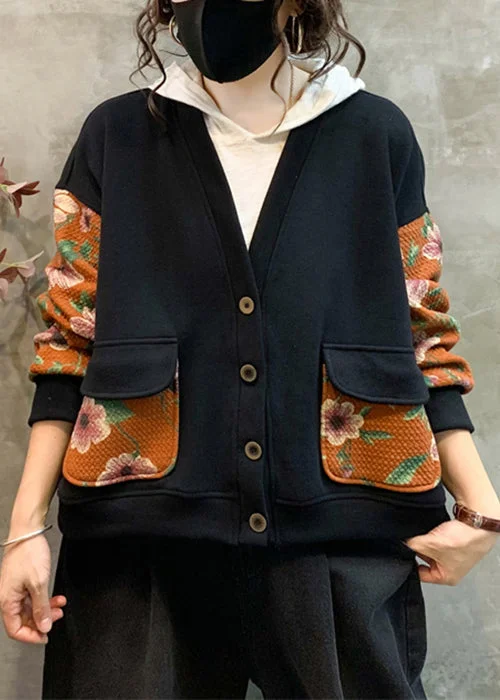 New Orange Button Pockets Patchwork Warm Fleece Coat Fall