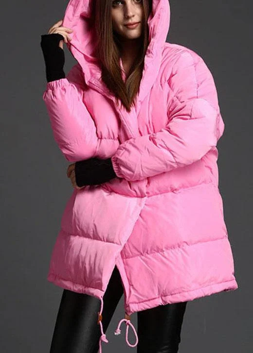 Plus Size Pink Hooded Drawstring Winter Duck Down Down Coat