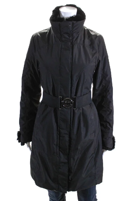 Post Card Womens Rabbit Fur Trim Full Zipper Belted Coat Black