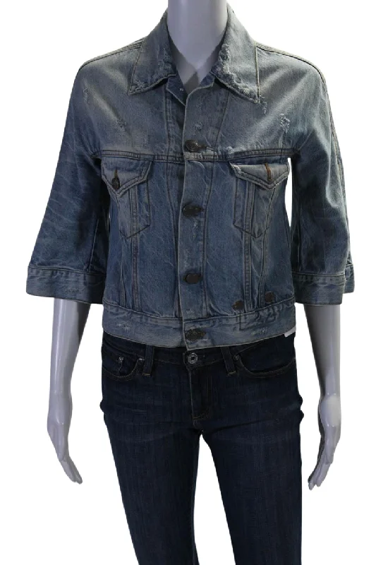 R13 Womens Cotton Distressed 3/4 Sleeve Denim Jacket Blue