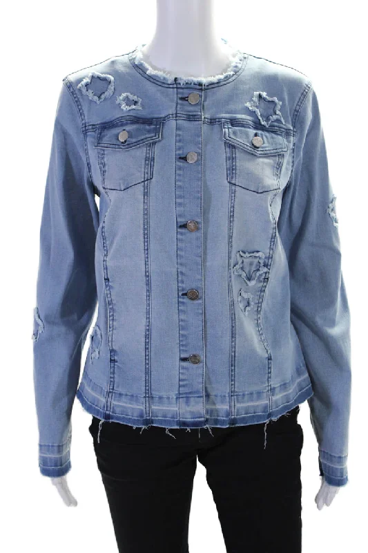 Renuar Womens Cotton Denim Star Embroidery Button Down Jean Jacket Blue