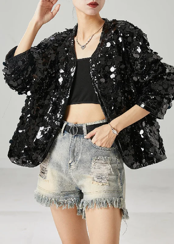 Women Black Sequins Oversized Coat Spring