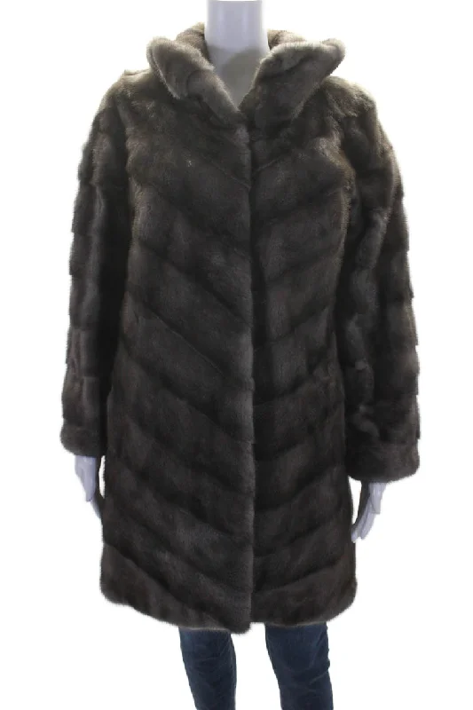 Zandra Rhodes Womens Mink Fur Long Sleeve Lined Mid Length Over Coat Gray