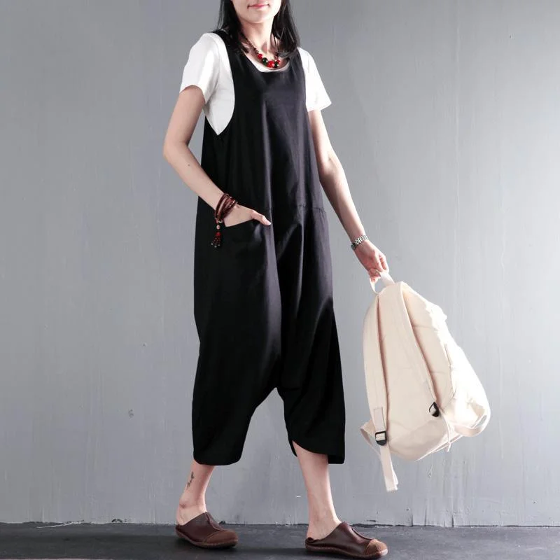 Black linen jumpsuits strap pants plus size retro style