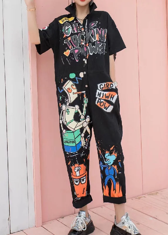 Boutique Black Pockets Cartoon Print Patchwork Cotton Jumpsuits Summer