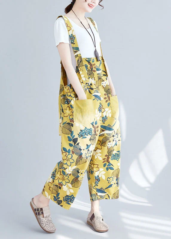 Chic Yellow Pockets Print Denim Crop Wide Leg Jumpsuit Spring