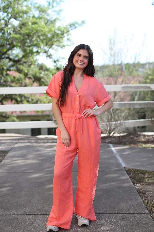 Coral Drawstring Jumpsuit