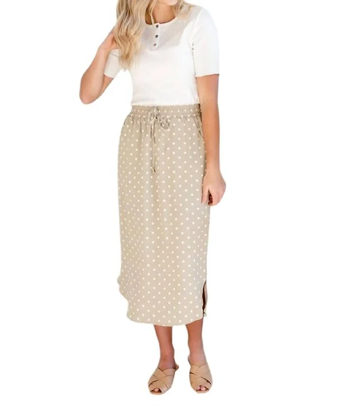 Deena Polka Dot Midi Skirt In Tan/white