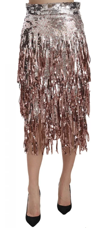 Dolce & Gabbana Metallic Sequin Tulle High-Waist Midi Women's Skirt